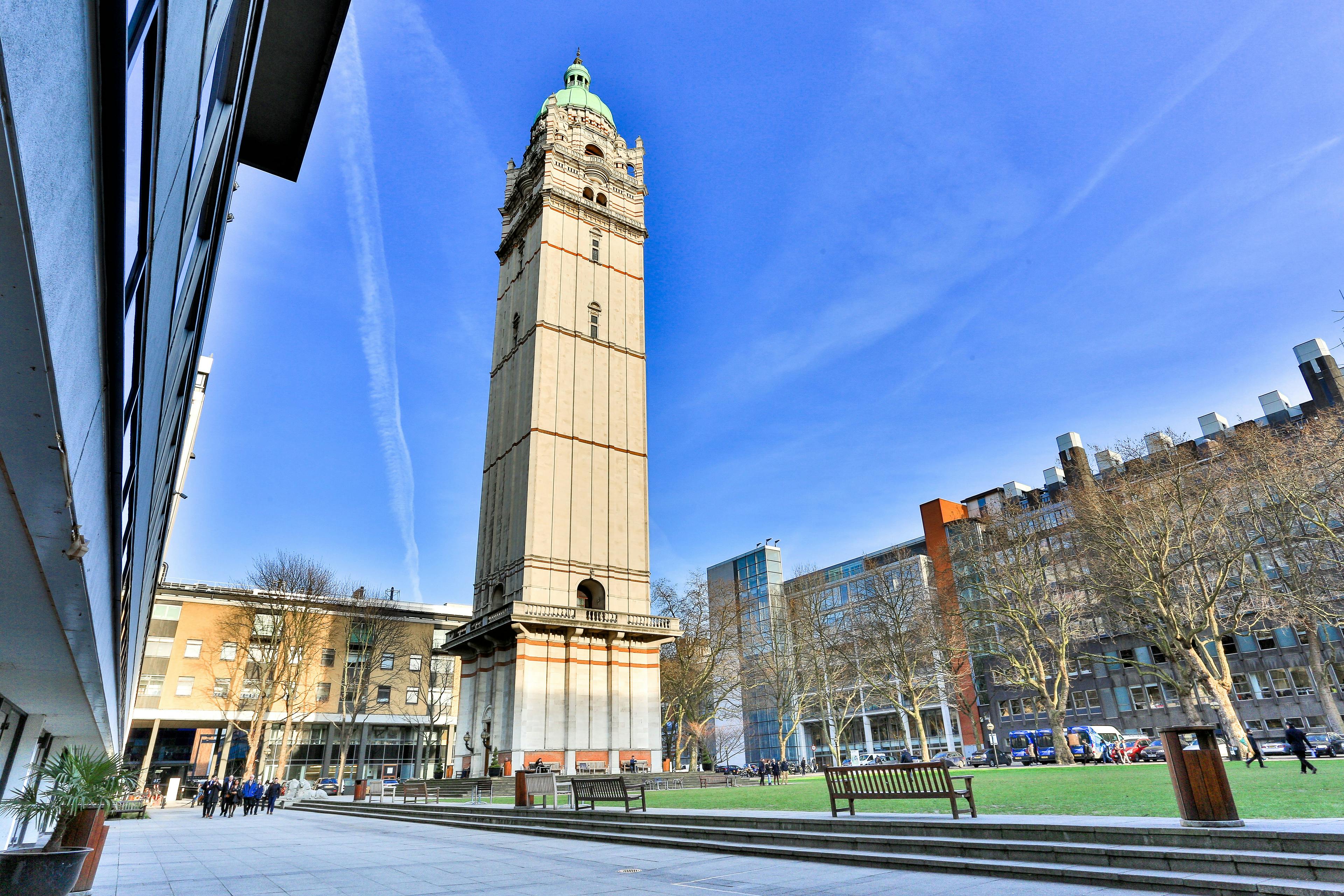 Queen's Lawn at Imperial College, featuring a clock tower, ideal for outdoor events.