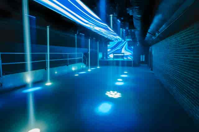 Modern event space with dynamic lighting for corporate and social gatherings.