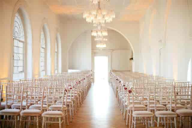 Elegant event space at One Marylebone with chandeliers, ideal for weddings and gatherings.
