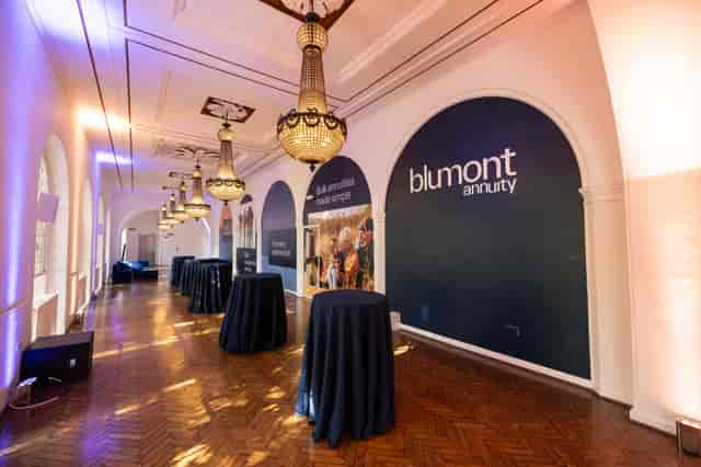 Corporate reception at One Marylebone with arch branding and cocktail rounds for networking events.