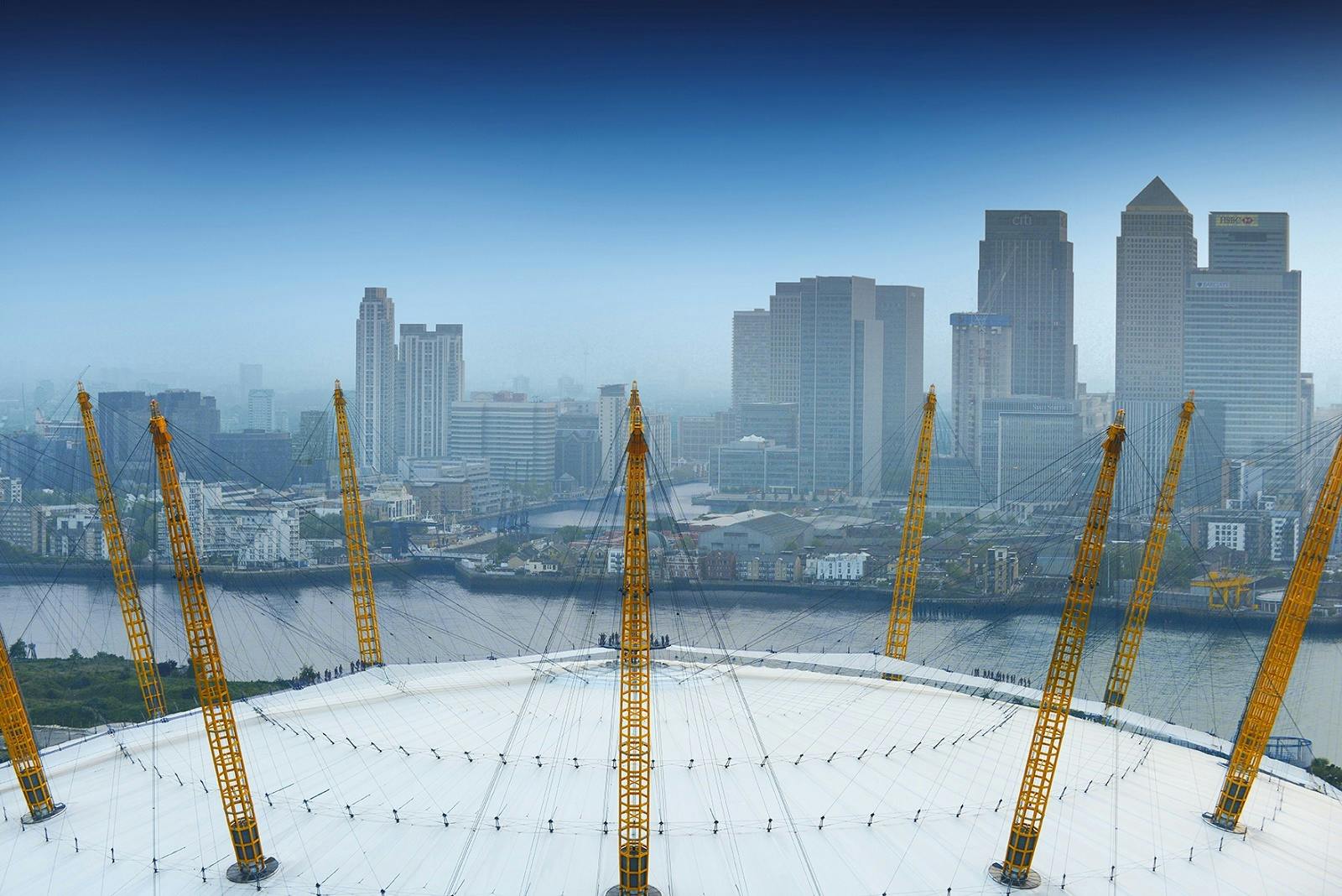 Aerial view of The O2 roof, showcasing iconic architecture for events and exhibitions.