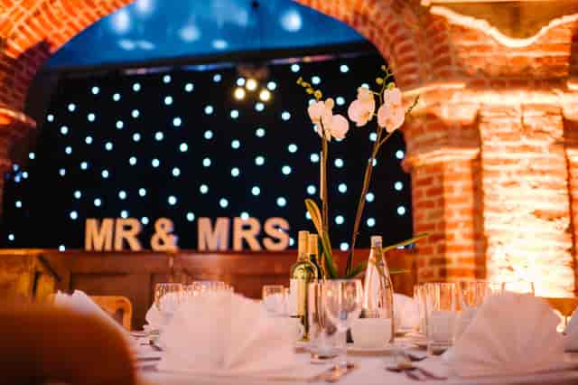 Wedding reception, orchids, MR & MRS, fairy lights, event
