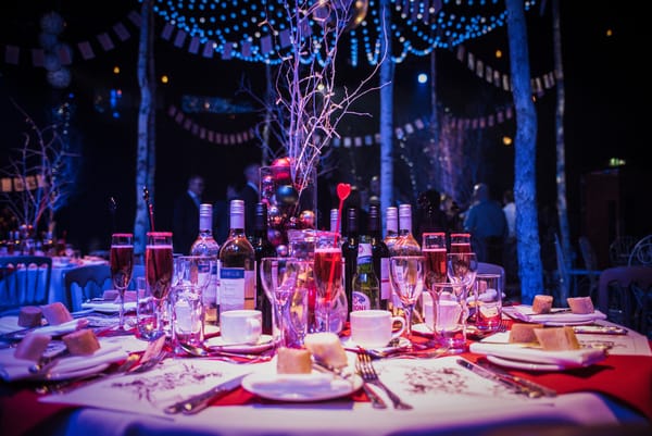 Elegant table setup at The Studio Theatre for a gala event in Birmingham.