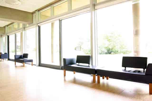 Maplethorpe Hall lounge at St Hugh's College, bright space for networking and meetings.