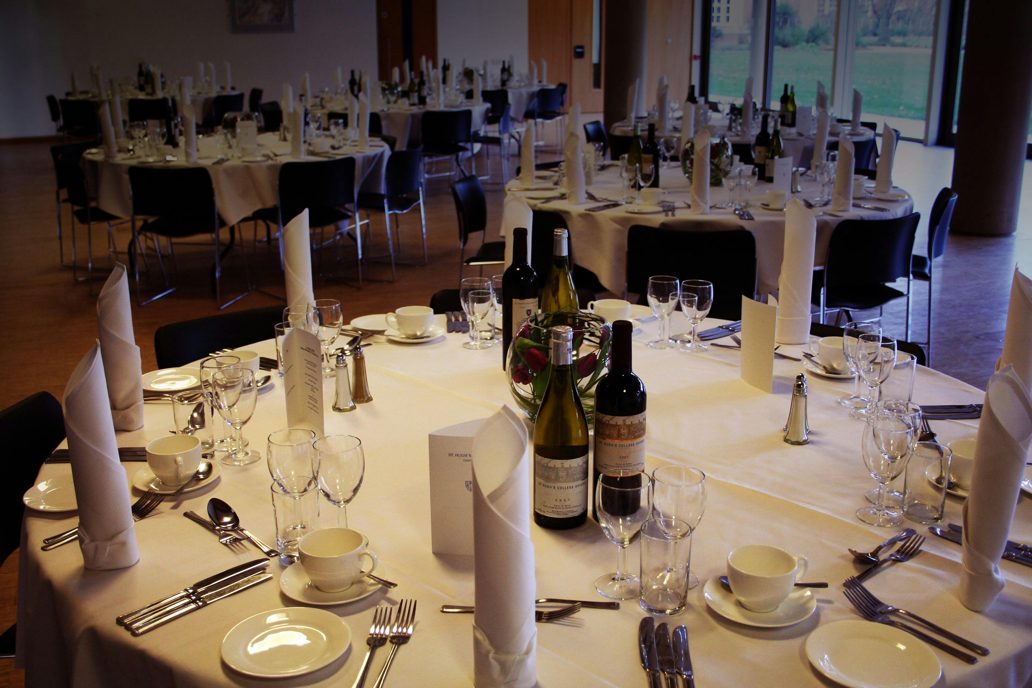 Maplethorpe Hall banquet setup with elegant tables for weddings and corporate dinners.