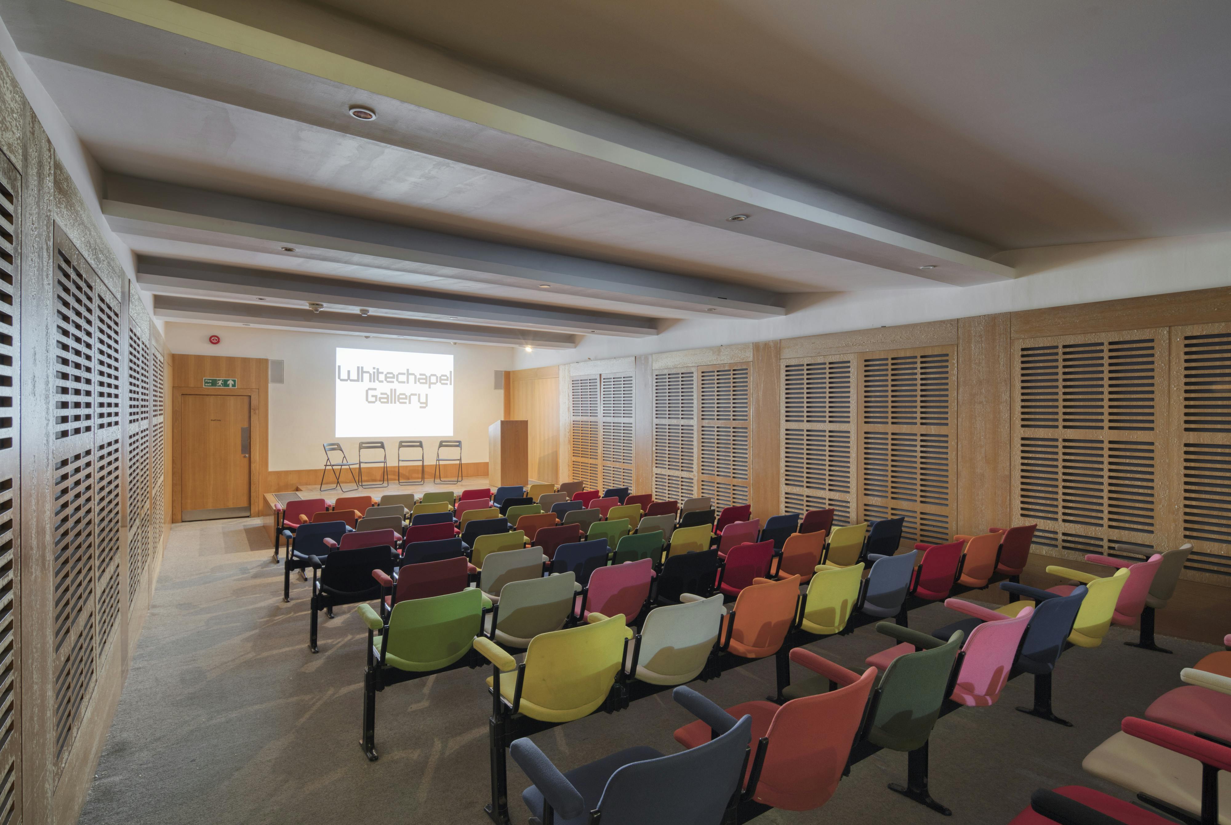 Zilkha Auditorium at Whitechapel Gallery with colorful seating for workshops and lectures.