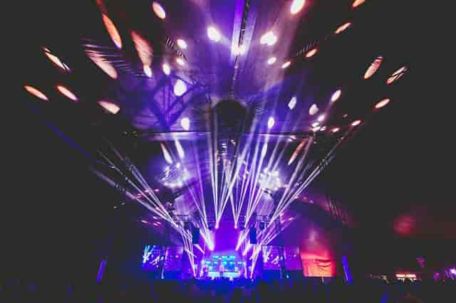 Mojos event space at Reading University, vibrant lighting for concerts and festivals.