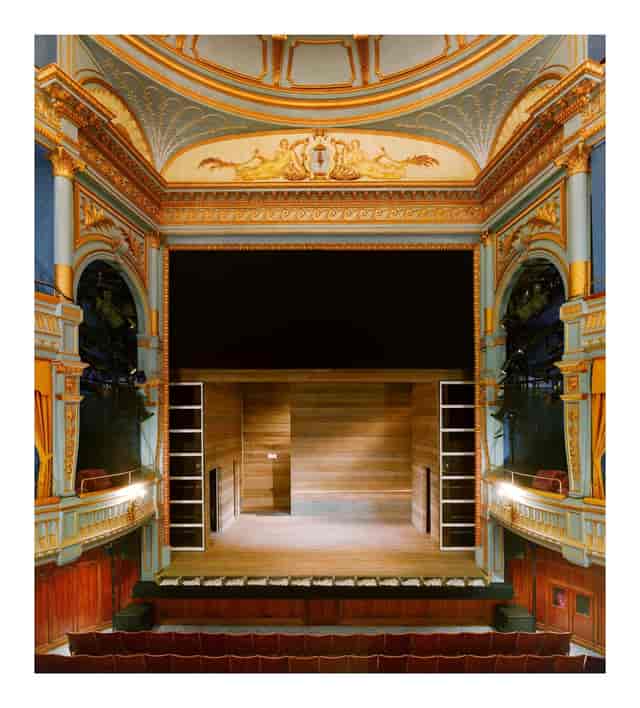 Harold Pinter Theatre auditorium with wood-paneled stage for corporate events and theater rentals.