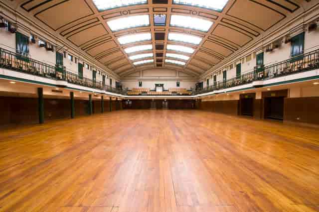 York Hall event venue with high ceilings, ideal for conferences and social gatherings.