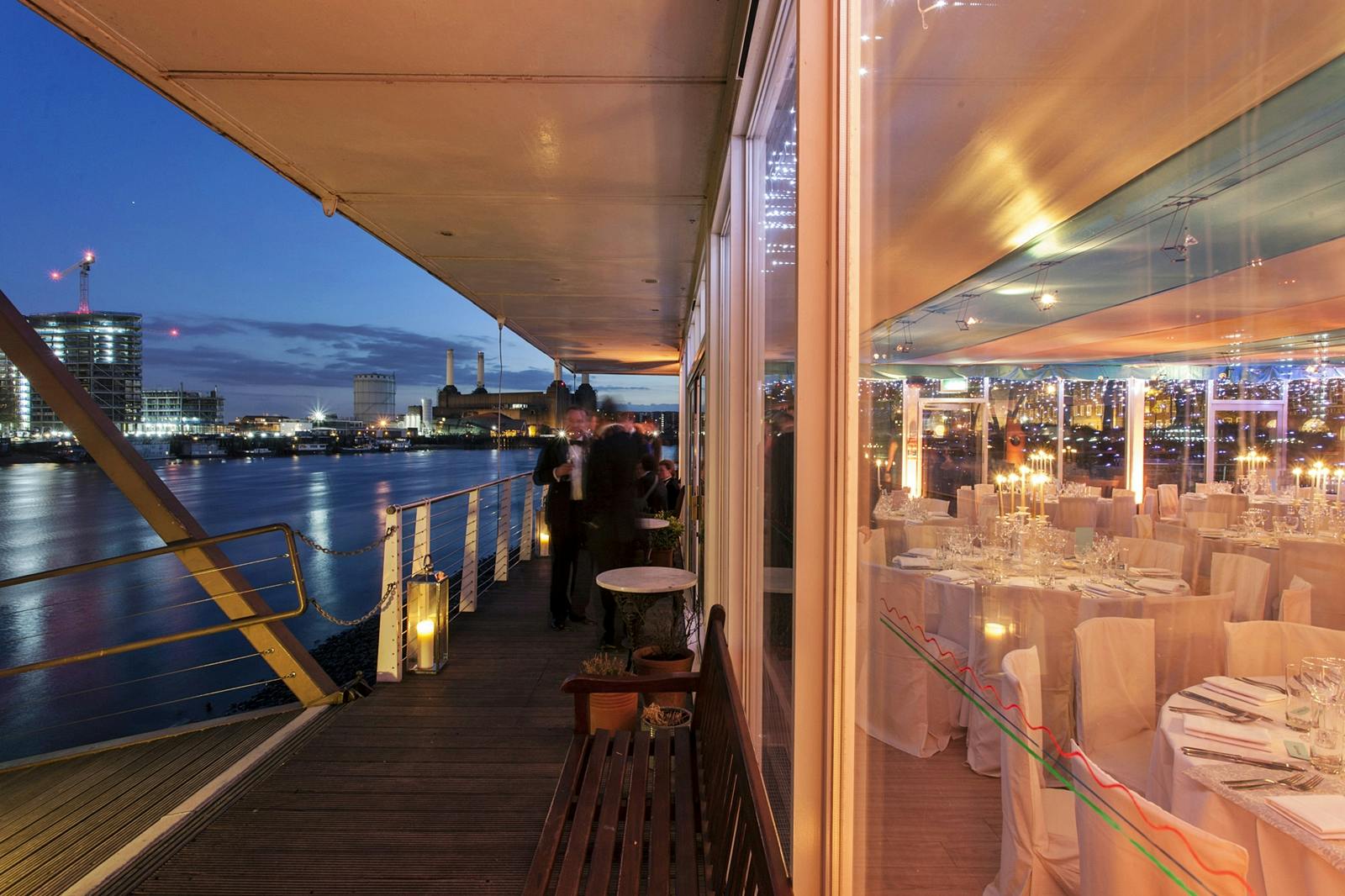 Elegant dining area at Westminster Boating Base, perfect for receptions and gala dinners.