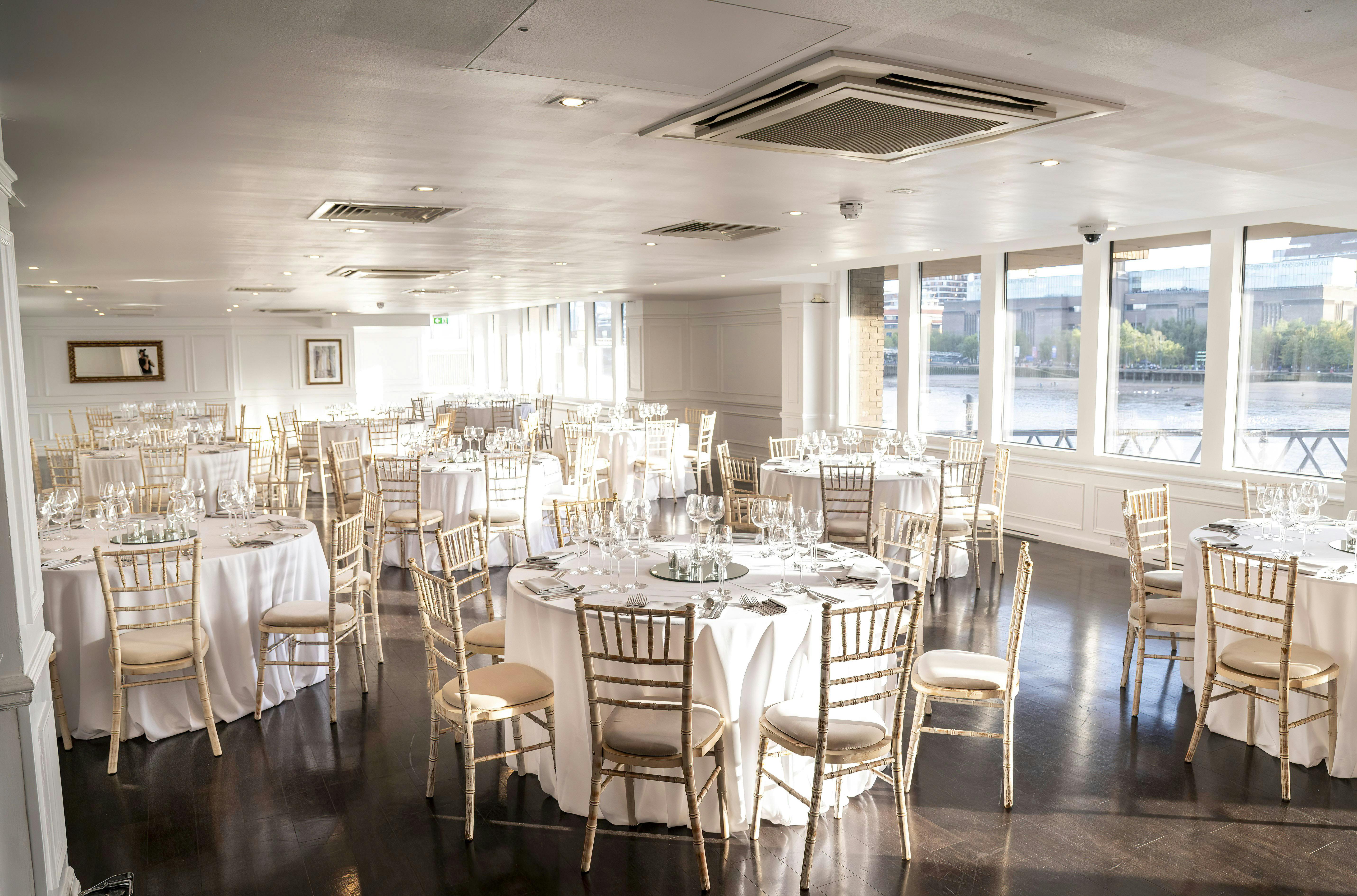 Elegant Lower River Room at The Mermaid London, ideal for corporate meetings and receptions.