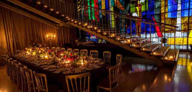 Elegant dining table in The Billiard Room, Sanderson London for upscale events.