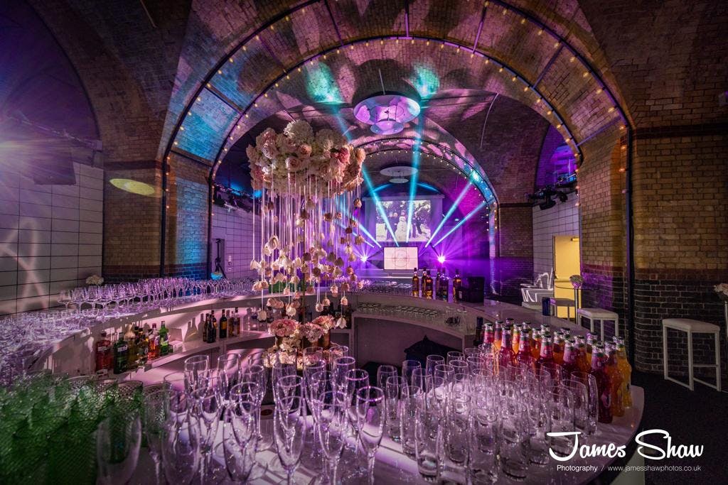 Elegant bar setup in The Vault, Old Billingsgate for corporate events and celebrations.