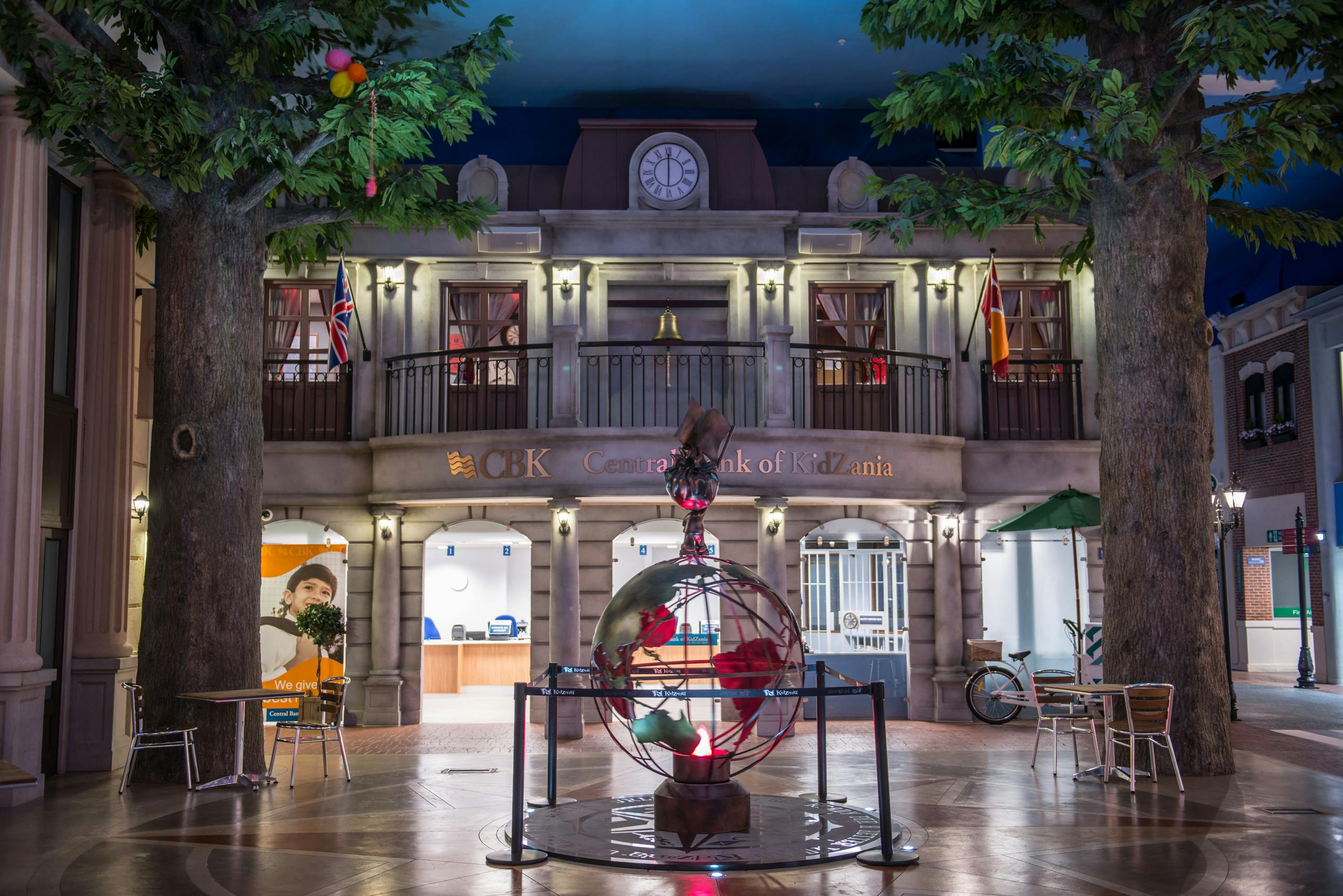 KidZania London Main Square with globe centerpiece, ideal for global events and networking.