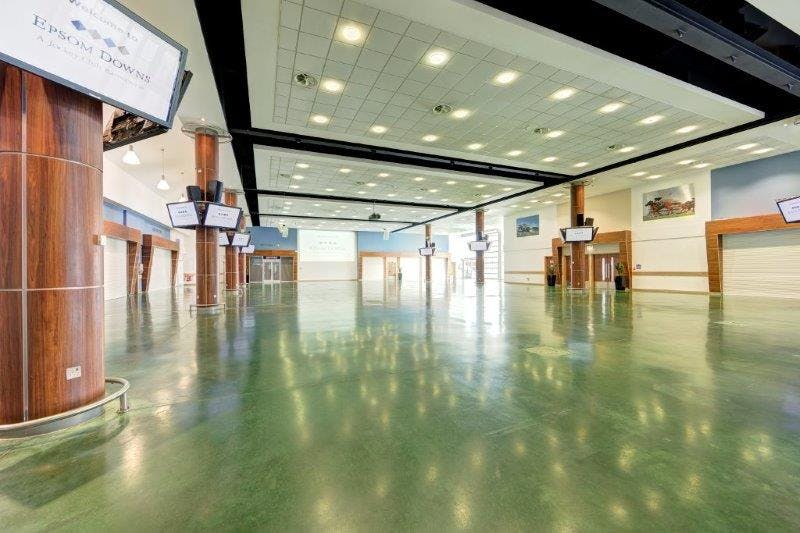 Oaks Hall at Epsom Downs: spacious venue with polished floors for conferences and trade shows.