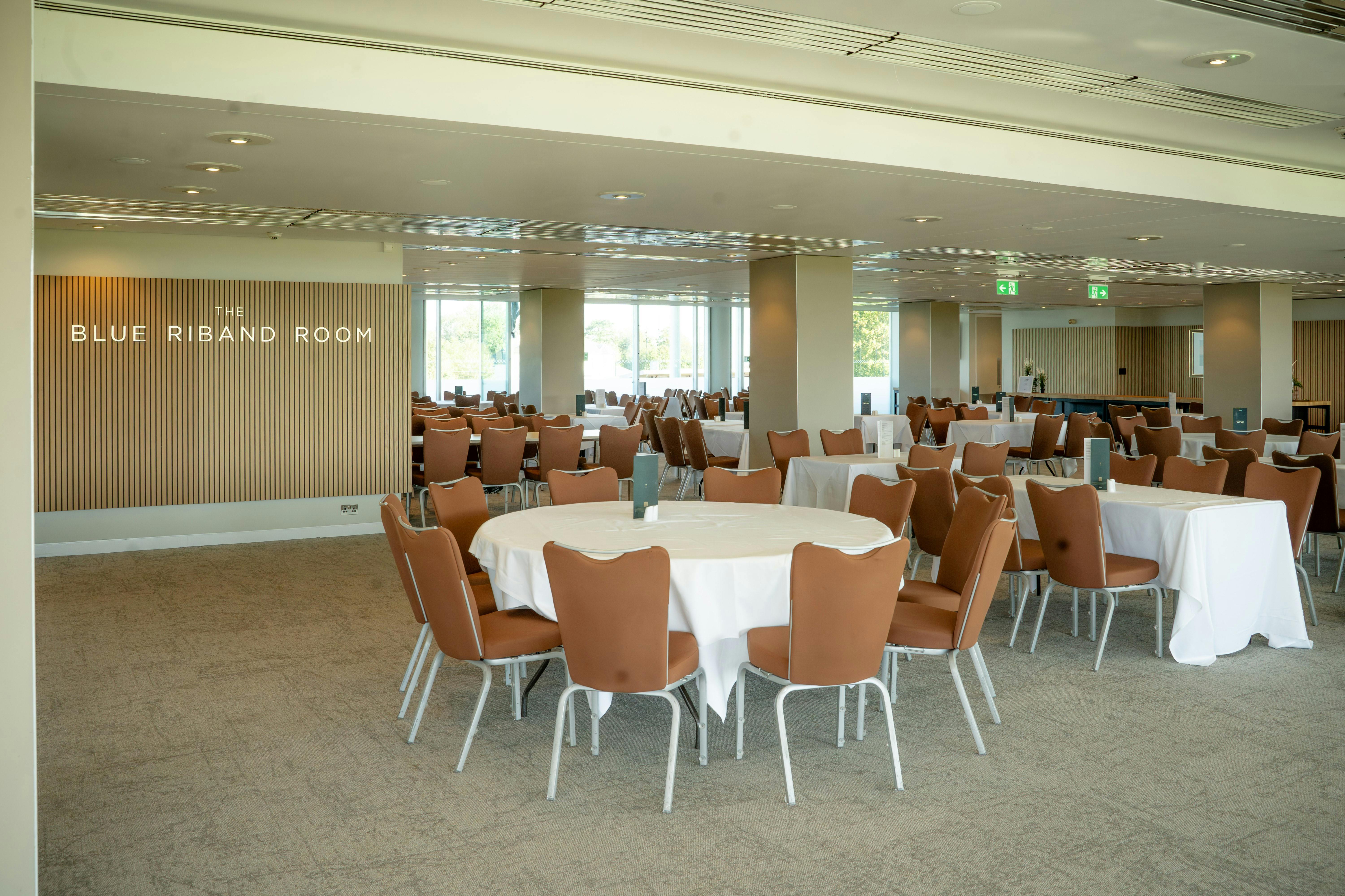 Blue Riband Room at Epsom Downs: spacious venue with natural light for events and receptions.