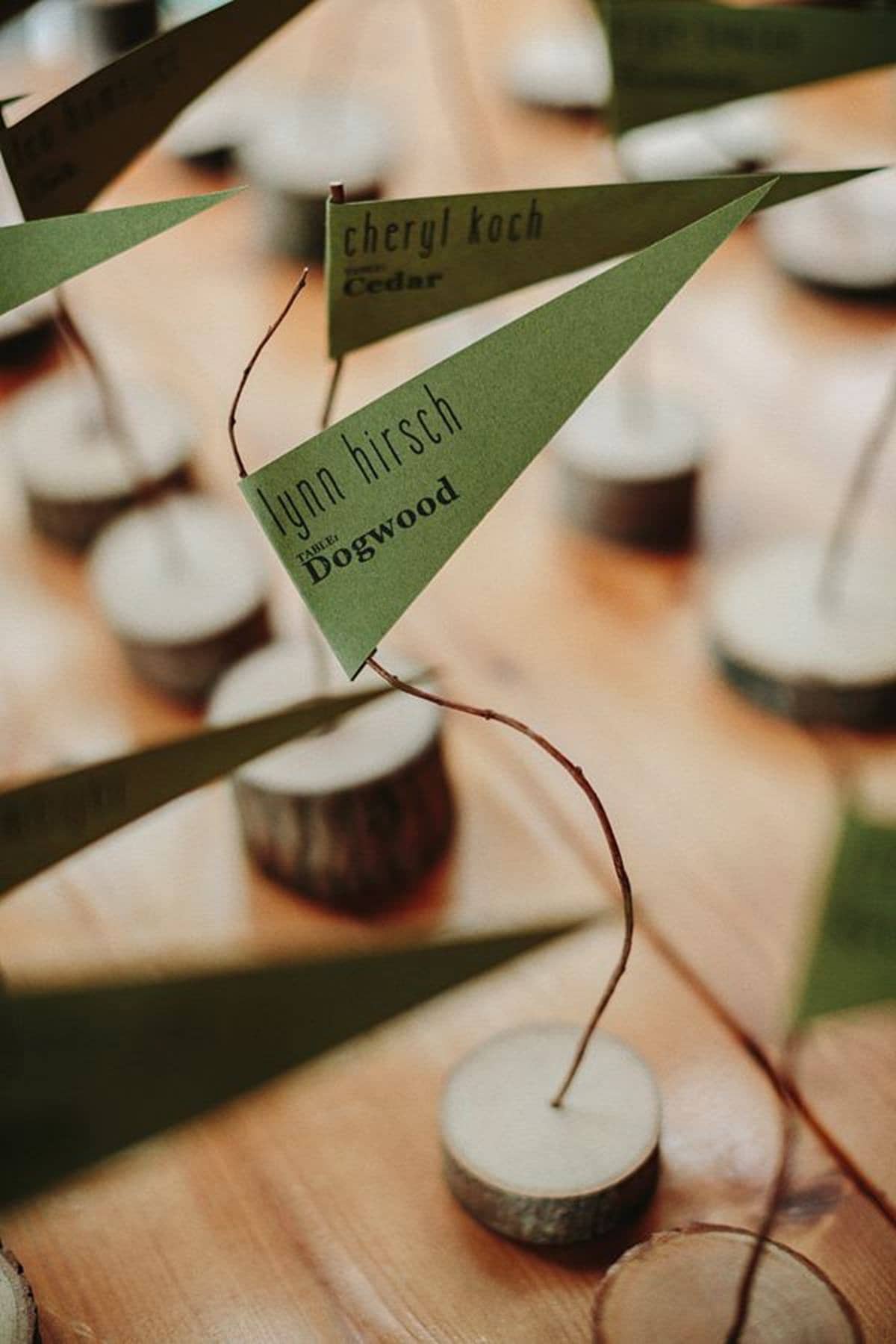Wood-stump branches with name tags